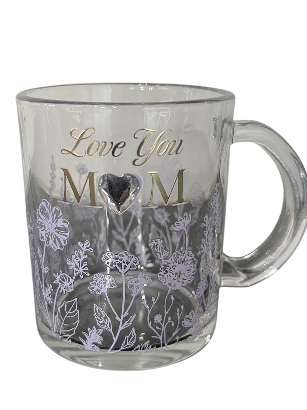 Etched Clear Glass “Love You Mom”Gift Mug with Lavender Floral Design